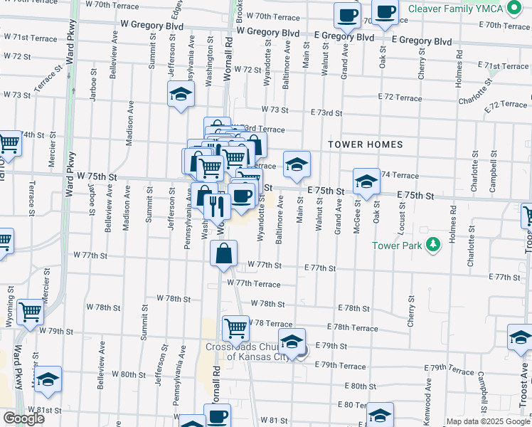 map of restaurants, bars, coffee shops, grocery stores, and more near 7533 Wyandotte Street in Kansas City