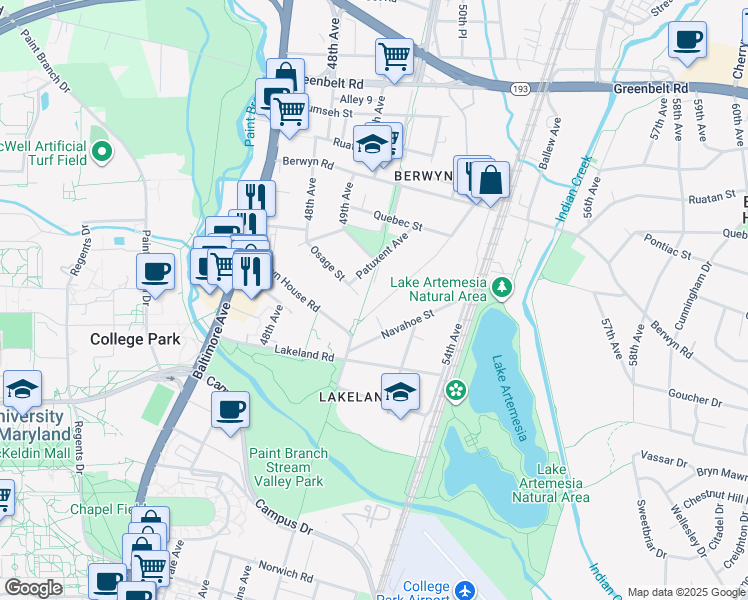 map of restaurants, bars, coffee shops, grocery stores, and more near 8302 Potomac Avenue in College Park