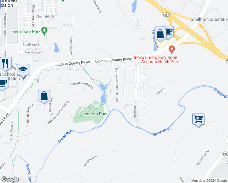 map of restaurants, bars, coffee shops, grocery stores, and more near 43726 Piedmont Hunt Terrace in Ashburn