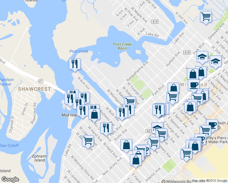 map of restaurants, bars, coffee shops, grocery stores, and more near 4304 Susquehanna Avenue in Wildwood