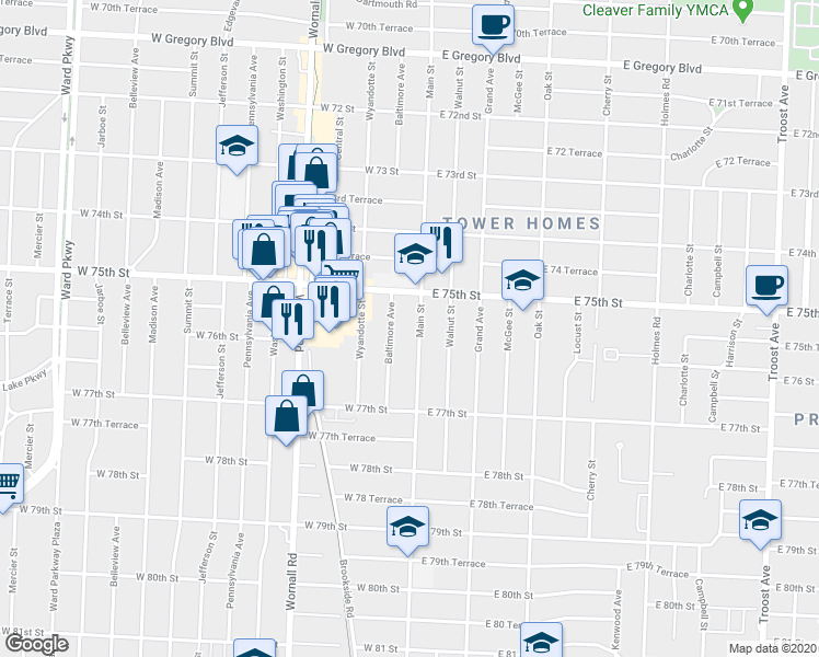 map of restaurants, bars, coffee shops, grocery stores, and more near 7526 Main Street in Kansas City