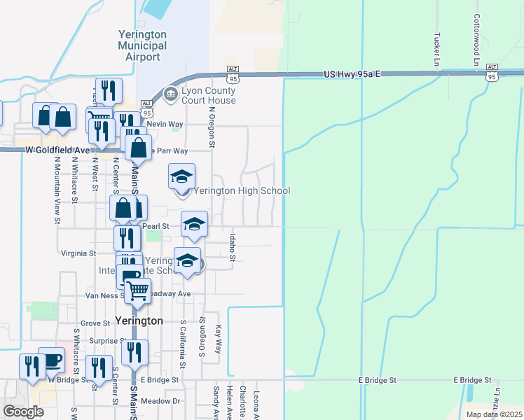 map of restaurants, bars, coffee shops, grocery stores, and more near 200 Purple Sage Drive in Yerington