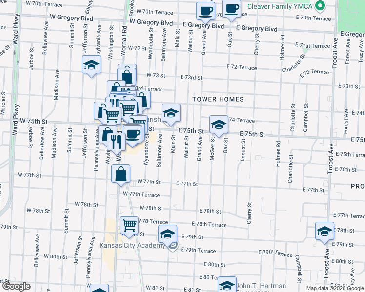 map of restaurants, bars, coffee shops, grocery stores, and more near 7528 Walnut Street in Kansas City