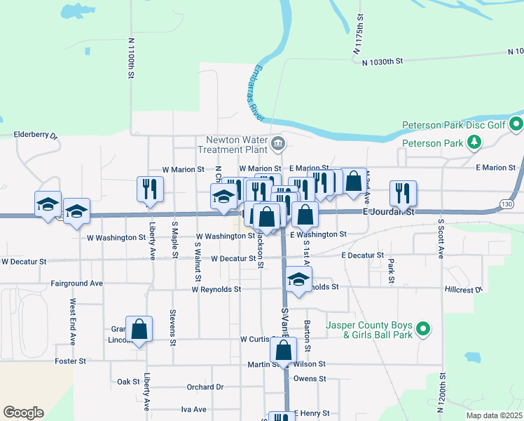 map of restaurants, bars, coffee shops, grocery stores, and more near 112 North Jackson Street in Newton