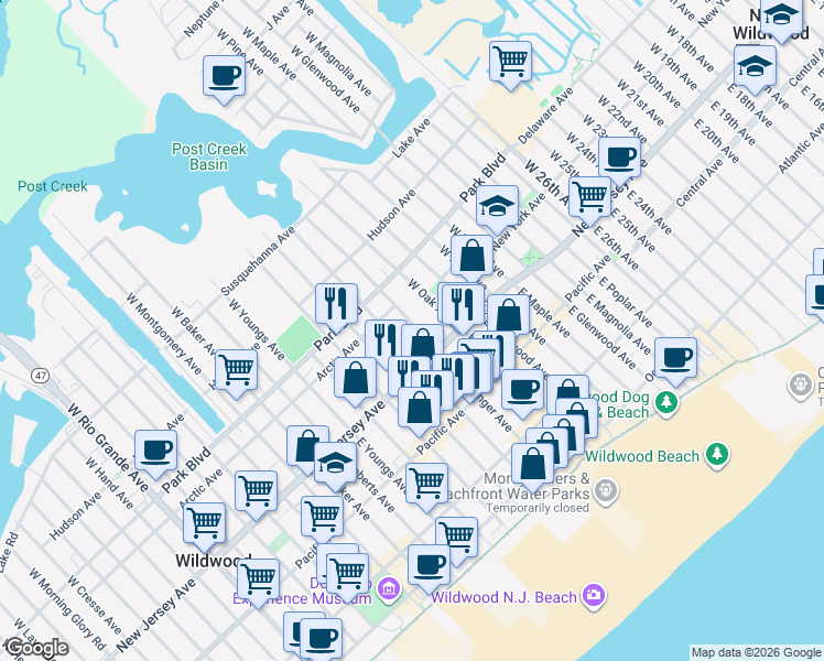 map of restaurants, bars, coffee shops, grocery stores, and more near 153 West Schellenger Avenue in Wildwood