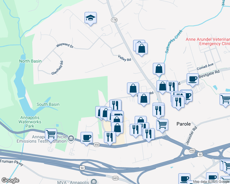 map of restaurants, bars, coffee shops, grocery stores, and more near 116 Stone Point Drive in Annapolis
