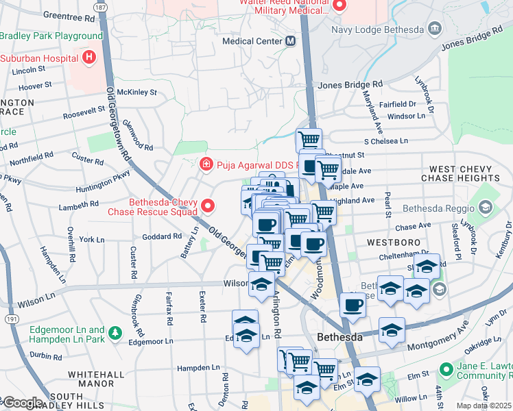 map of restaurants, bars, coffee shops, grocery stores, and more near 8101 Glenbrook Road in Bethesda