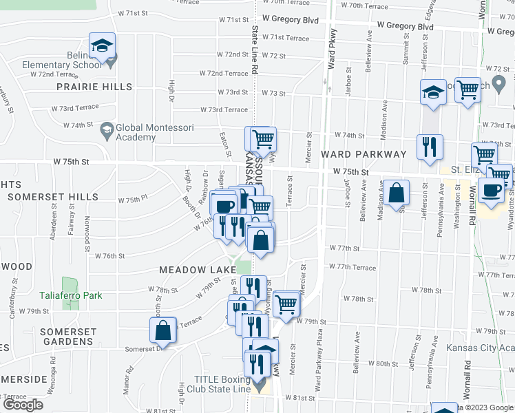 map of restaurants, bars, coffee shops, grocery stores, and more near 7549 State Line Road in Kansas City