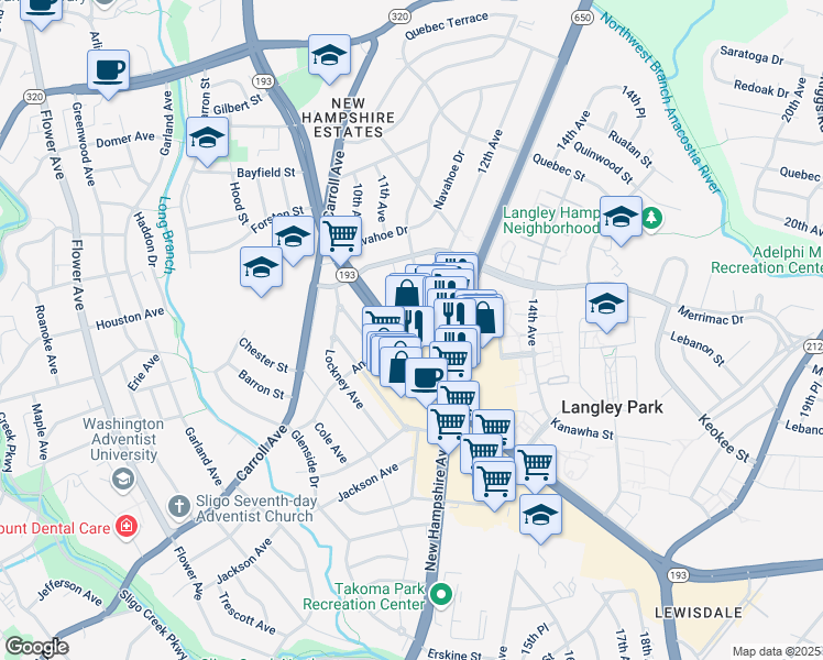map of restaurants, bars, coffee shops, grocery stores, and more near 8046 New Hampshire Avenue in Hyattsville