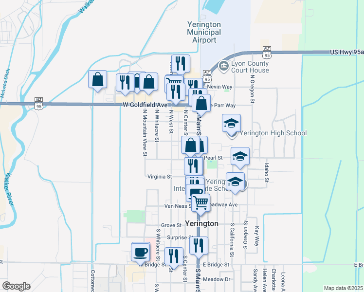 map of restaurants, bars, coffee shops, grocery stores, and more near 219 North Center Street in Yerington