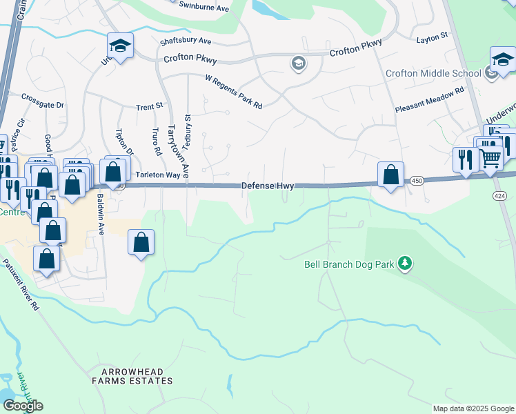 map of restaurants, bars, coffee shops, grocery stores, and more near 1531 Defense Highway in Gambrills