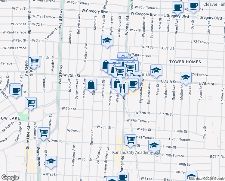 map of restaurants, bars, coffee shops, grocery stores, and more near 7541 Pennsylvania Avenue in Kansas City