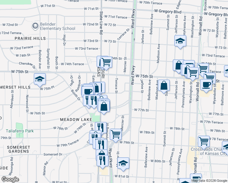 map of restaurants, bars, coffee shops, grocery stores, and more near 7542 Terrace Street in Kansas City