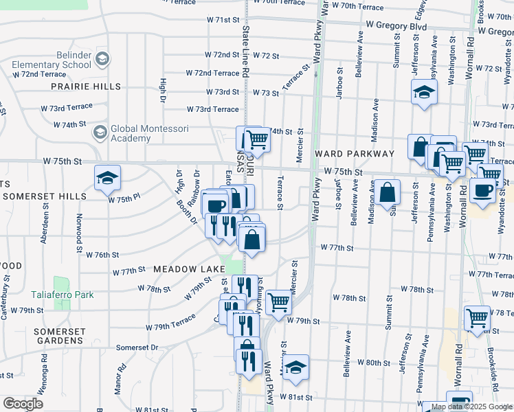 map of restaurants, bars, coffee shops, grocery stores, and more near 7552 Wyoming Street in Kansas City