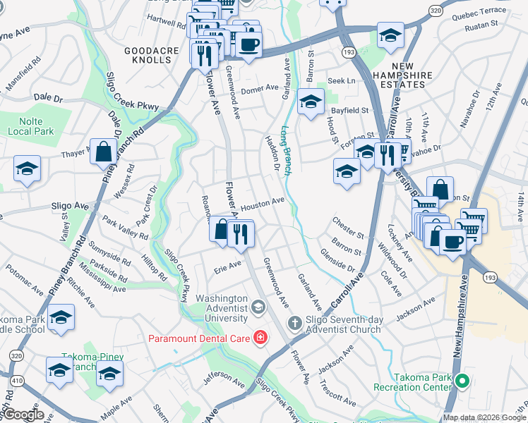 map of restaurants, bars, coffee shops, grocery stores, and more near 8109 Greenwood Avenue in Takoma Park