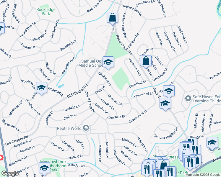 map of restaurants, bars, coffee shops, grocery stores, and more near 4020 Chelmont Lane in Bowie