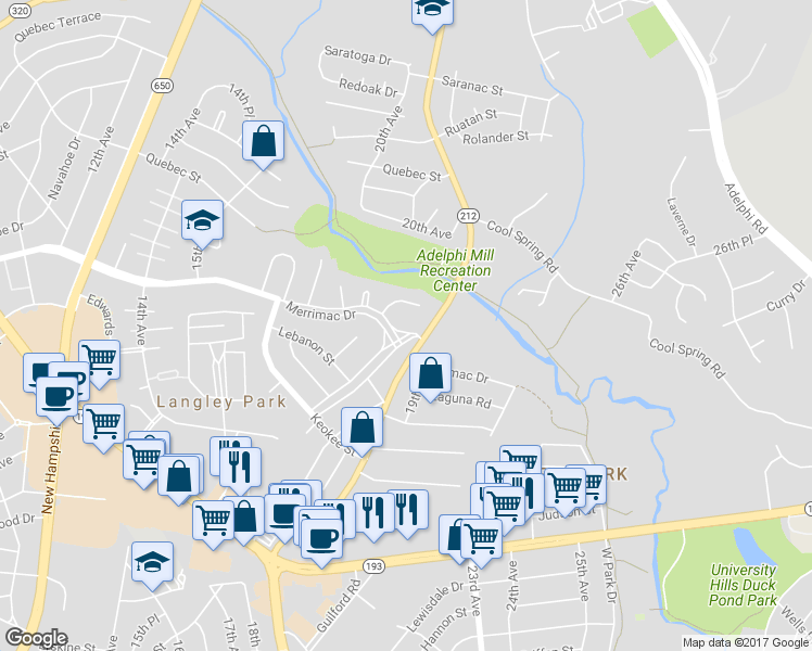map of restaurants, bars, coffee shops, grocery stores, and more near 1806 Merrimac Drive in Hyattsville