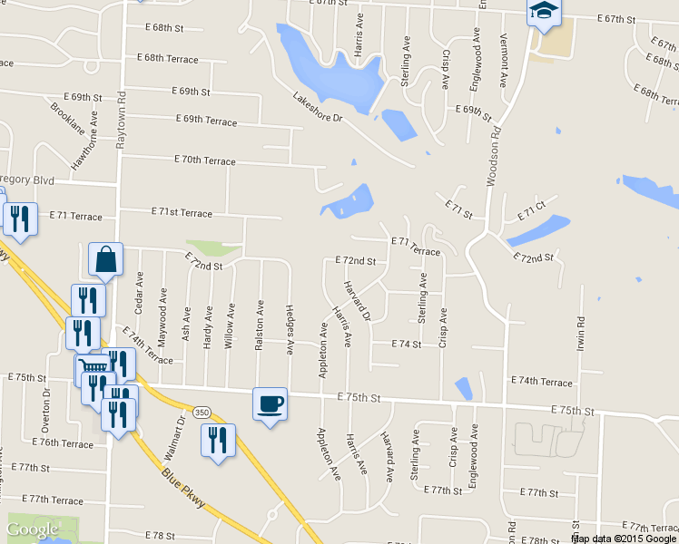 map of restaurants, bars, coffee shops, grocery stores, and more near 7204 Harvard Drive in Raytown