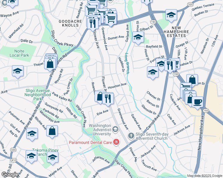 map of restaurants, bars, coffee shops, grocery stores, and more near 807 Houston Avenue in Takoma Park