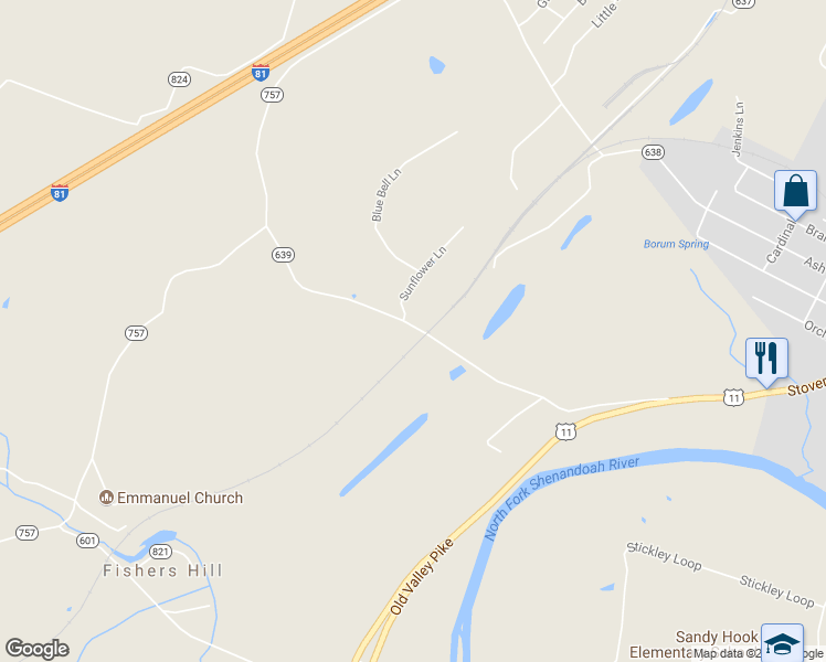 map of restaurants, bars, coffee shops, grocery stores, and more near 607 Green Acre Drive in Strasburg