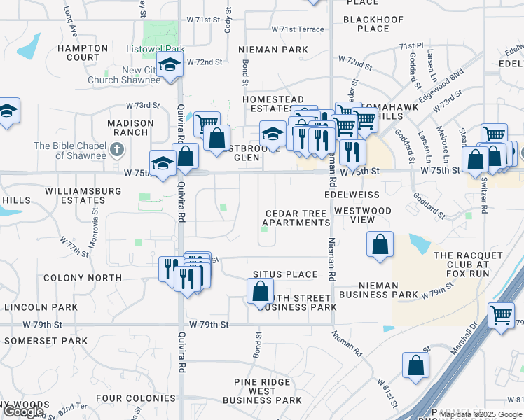 map of restaurants, bars, coffee shops, grocery stores, and more near 7605 Flint Street in Overland Park