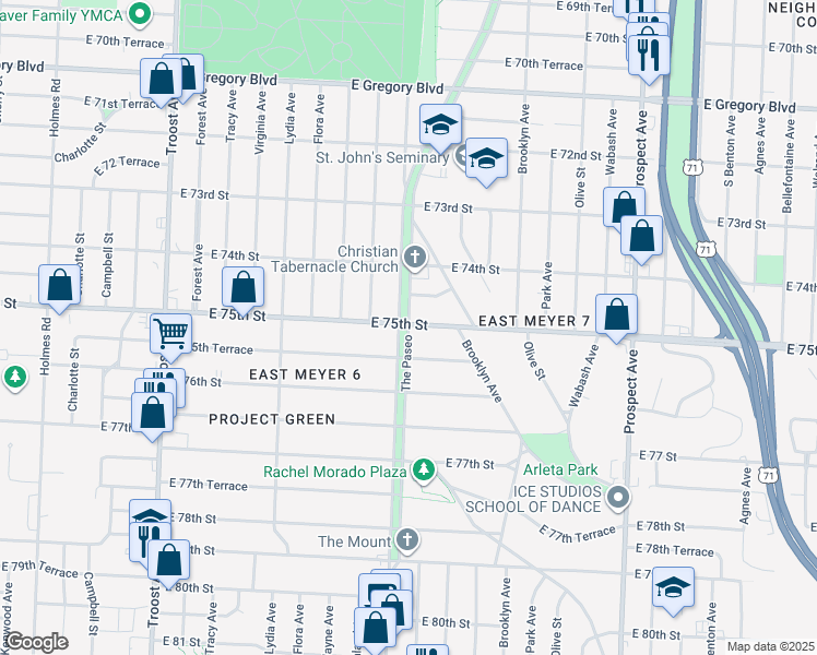 map of restaurants, bars, coffee shops, grocery stores, and more near 7503 The Paseo in Kansas City