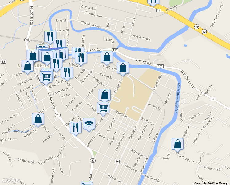 map of restaurants, bars, coffee shops, grocery stores, and more near 64-68 College Avenue in Buckhannon