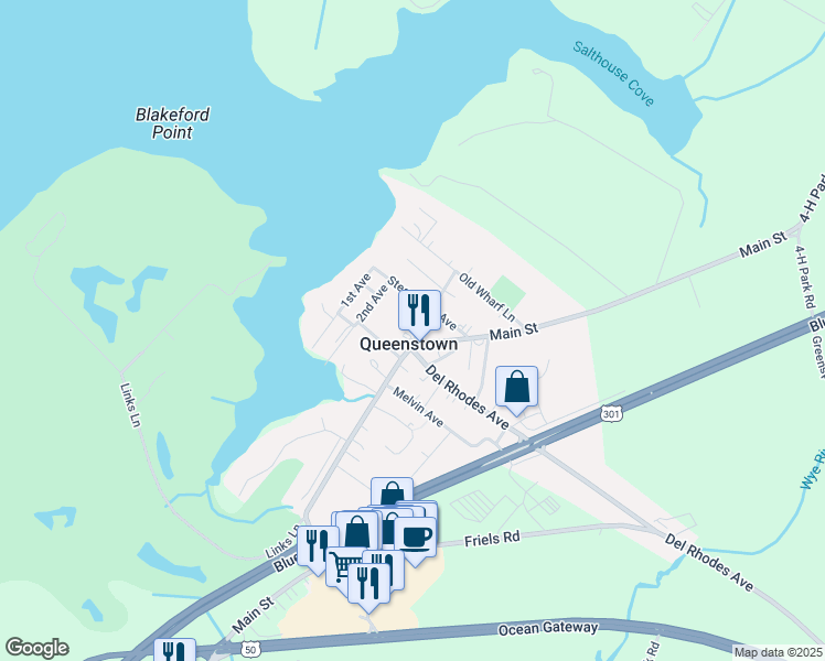 map of restaurants, bars, coffee shops, grocery stores, and more near 7101 Maryland Avenue in Queenstown