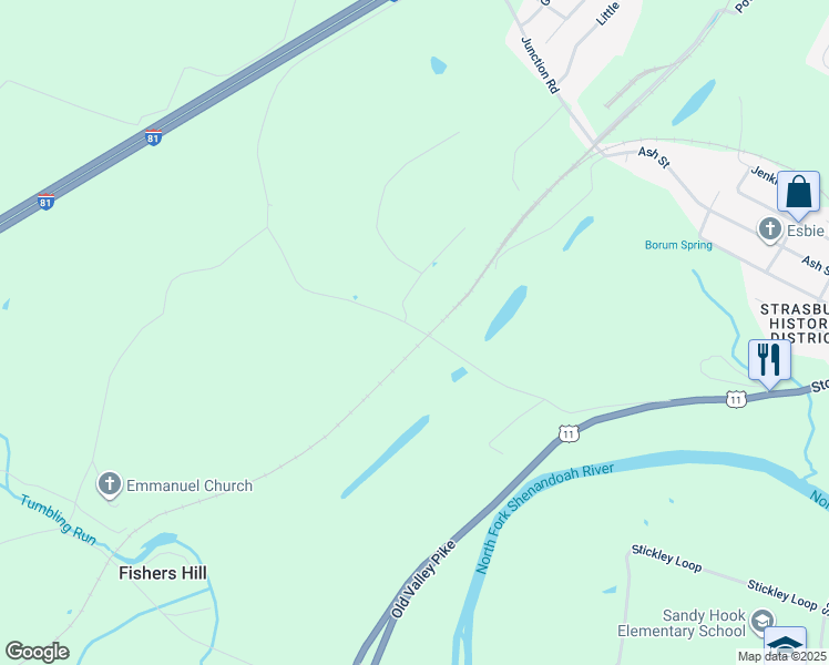 map of restaurants, bars, coffee shops, grocery stores, and more near 607 Green Acre Drive in Strasburg