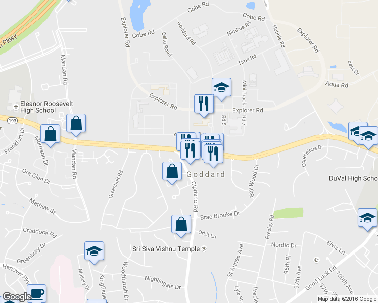 map of restaurants, bars, coffee shops, grocery stores, and more near 8851 Greenbelt Road in Goddard
