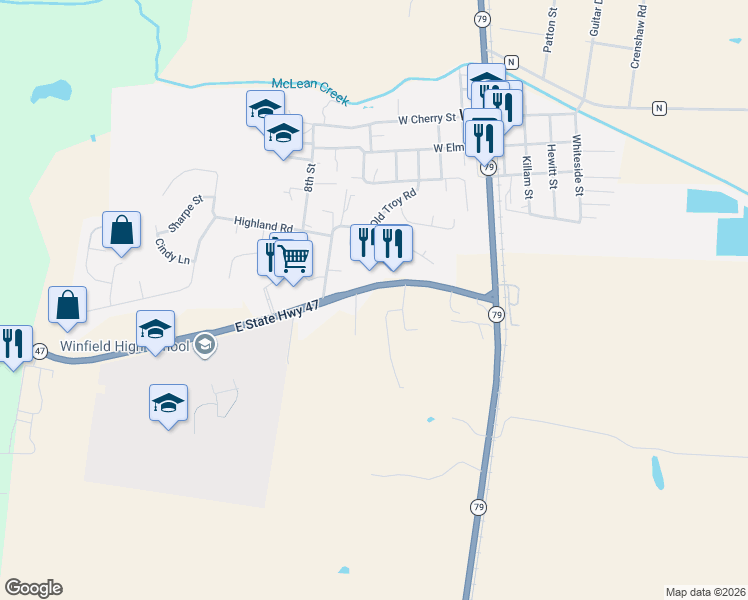 map of restaurants, bars, coffee shops, grocery stores, and more near 4020 State Highway 47 in Winfield