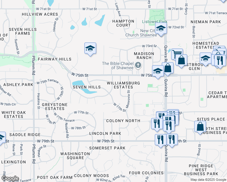 map of restaurants, bars, coffee shops, grocery stores, and more near 7557 Westgate Street in Lenexa