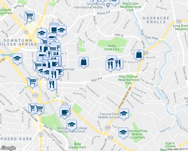 map of restaurants, bars, coffee shops, grocery stores, and more near 8116 Bonaire Court in Silver Spring