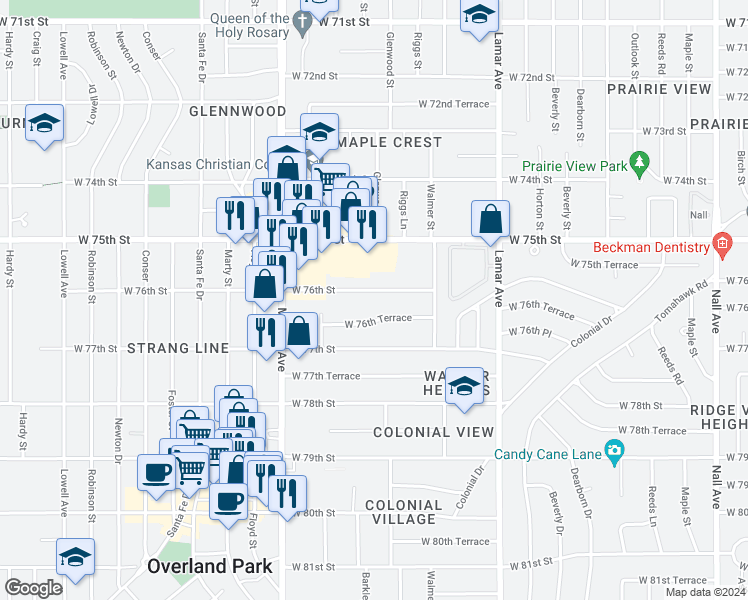 map of restaurants, bars, coffee shops, grocery stores, and more near 6721 West 76th Street in Overland Park