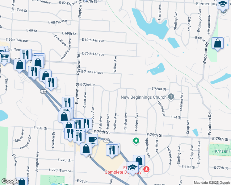 map of restaurants, bars, coffee shops, grocery stores, and more near 7200 Willow Avenue in Raytown