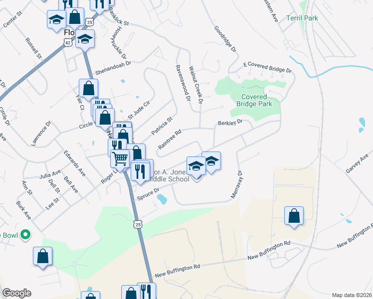 map of restaurants, bars, coffee shops, grocery stores, and more near 117 Raintree Road in Florence