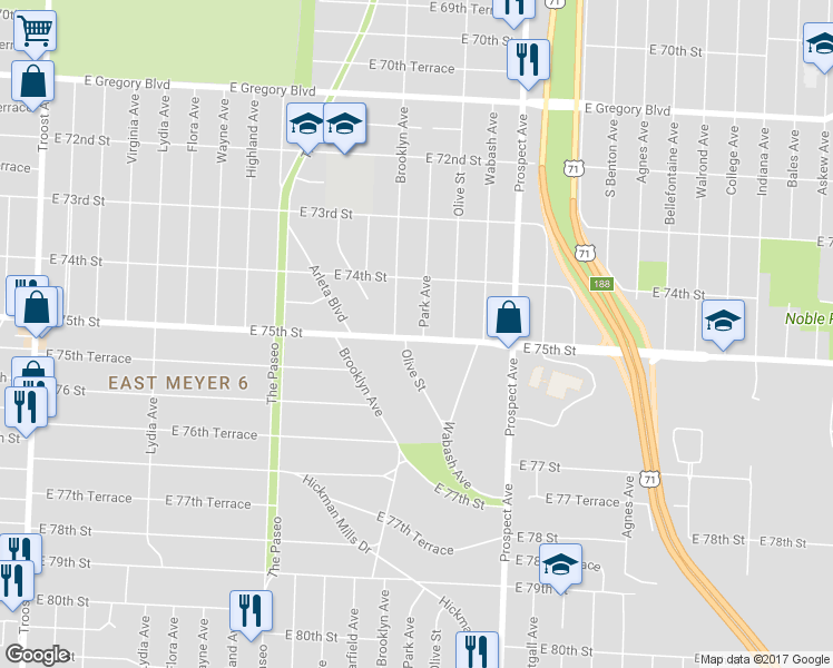 map of restaurants, bars, coffee shops, grocery stores, and more near in Kansas City
