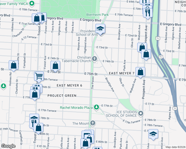 map of restaurants, bars, coffee shops, grocery stores, and more near 7503 The Paseo in Kansas City