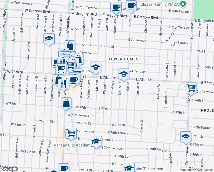 map of restaurants, bars, coffee shops, grocery stores, and more near 7528 Walnut Street in Kansas City