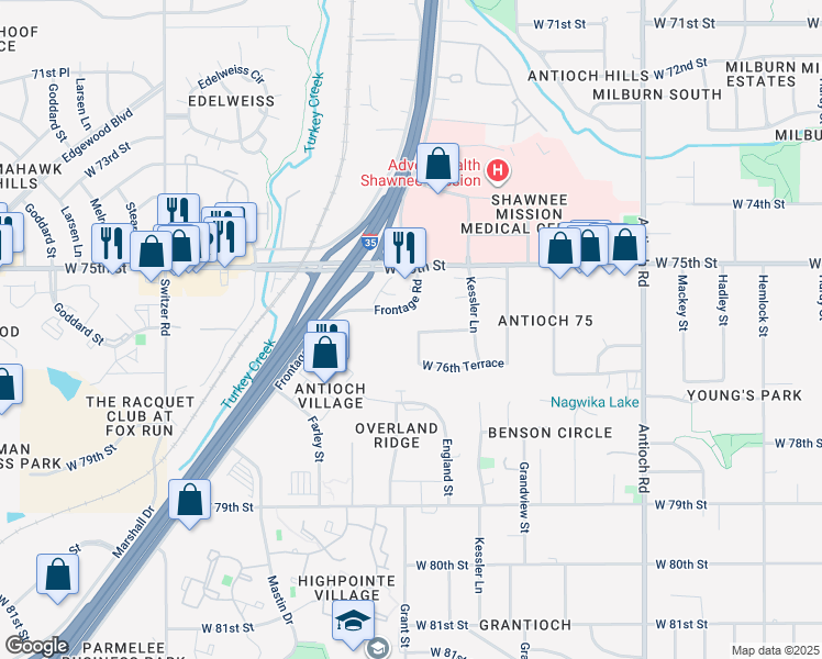map of restaurants, bars, coffee shops, grocery stores, and more near 7601 Hayes Street in Overland Park