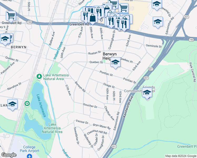 map of restaurants, bars, coffee shops, grocery stores, and more near 5910 Osage Street in Berwyn Heights
