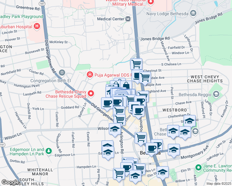 map of restaurants, bars, coffee shops, grocery stores, and more near 4907 Rugby Avenue in Bethesda