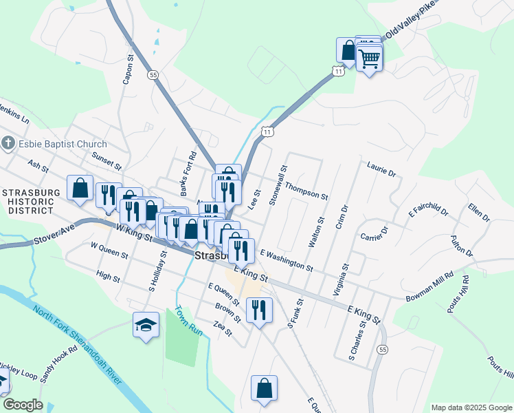map of restaurants, bars, coffee shops, grocery stores, and more near 340 Lee Street in Strasburg