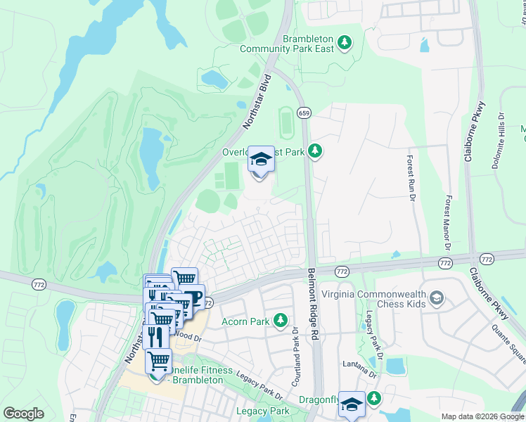 map of restaurants, bars, coffee shops, grocery stores, and more near 22664 Amberjack Square in Ashburn
