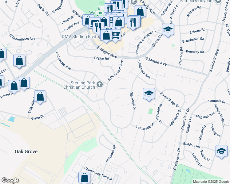 map of restaurants, bars, coffee shops, grocery stores, and more near 114 Caragana Court in Sterling