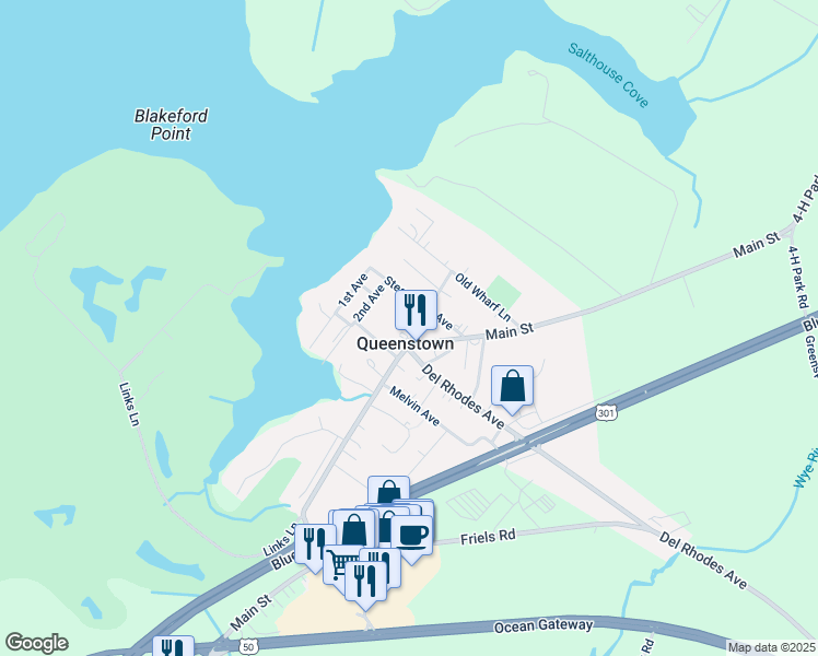 map of restaurants, bars, coffee shops, grocery stores, and more near 7101 Maryland Avenue in Queenstown