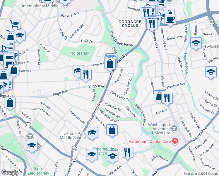 map of restaurants, bars, coffee shops, grocery stores, and more near 2 Park Valley Road in Silver Spring