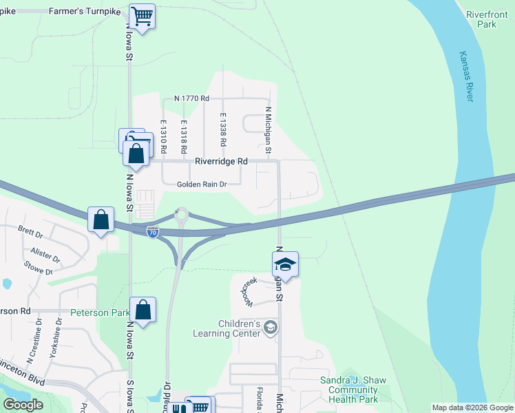 map of restaurants, bars, coffee shops, grocery stores, and more near 2123 Pike's Peek Place in Lawrence