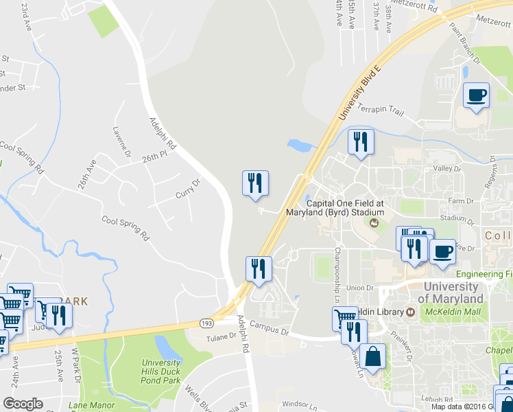 map of restaurants, bars, coffee shops, grocery stores, and more near 3601 University Boulevard East in College Park