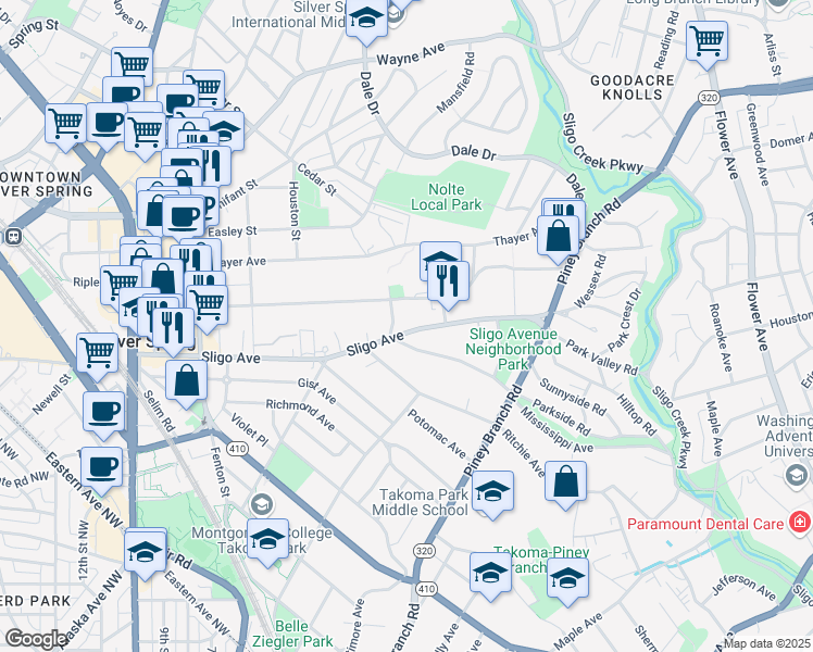 map of restaurants, bars, coffee shops, grocery stores, and more near 639 Sligo Avenue in Silver Spring